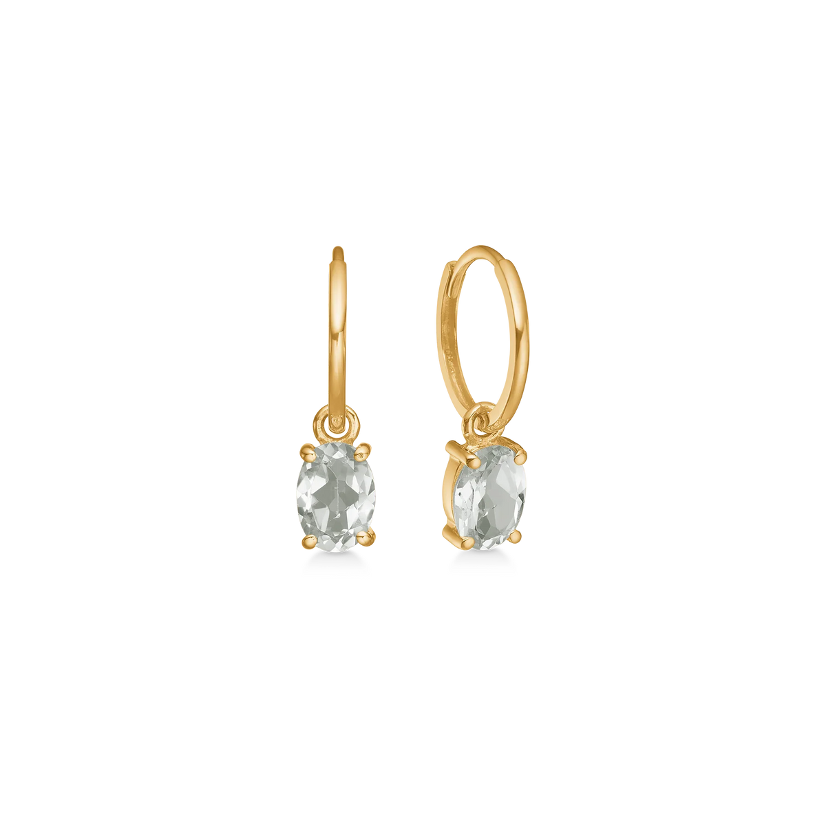 Mads Z Nia 8kt gold creoles w/green amethyst shows a set of golden earrings with oval light green stones. Model 3316010