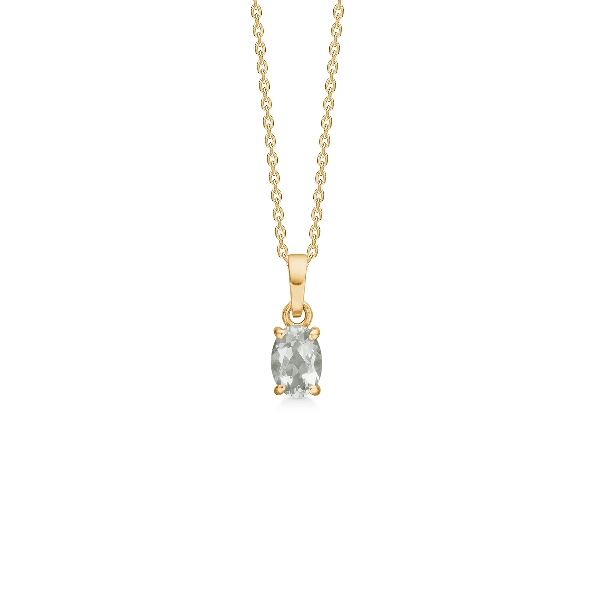 Mads Z Nia pendant in 8kt gold with green amethyst, oval facet cut stone on gold chain. Model 3336010