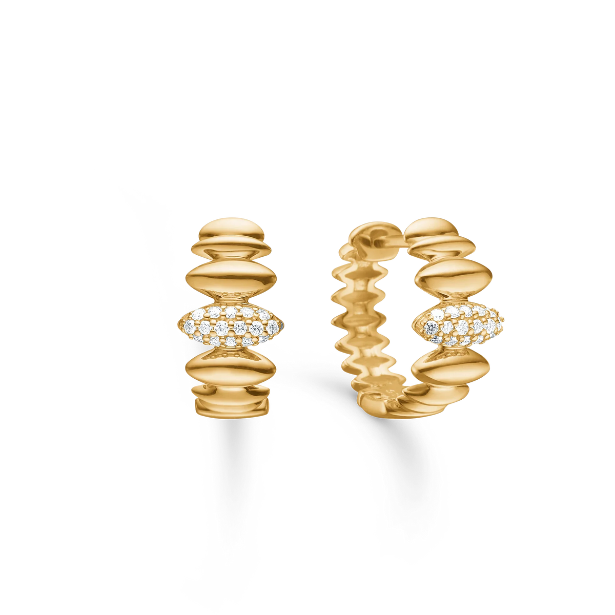 Mads Z Orielle 14kt creole 0.10ct w si shows a set of golden earrings with round details and small clear stones. Model 1511020-1
