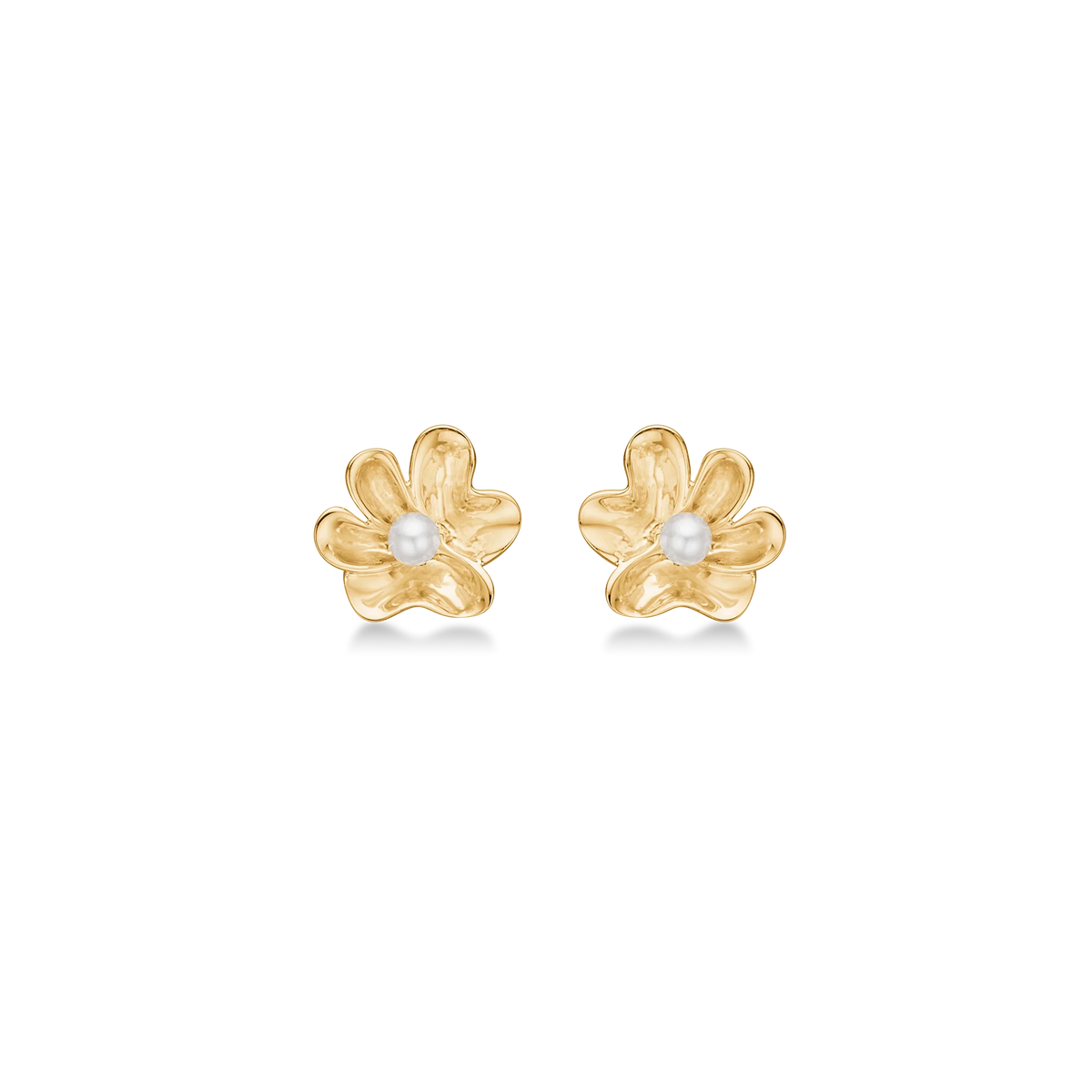 Mads Z Pearlily 14kt gold ear studs, flower-shaped with white pearl on a glossy background. Model 1513039