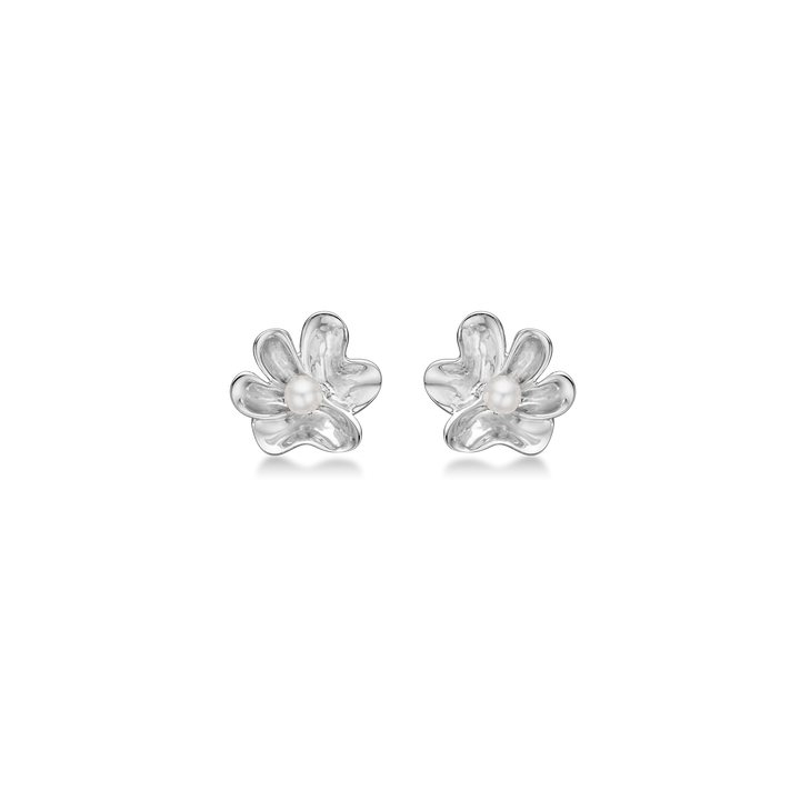 Mads Z Pearlily silver earrings with white cultured pearls, floral motif, Model 2113039.