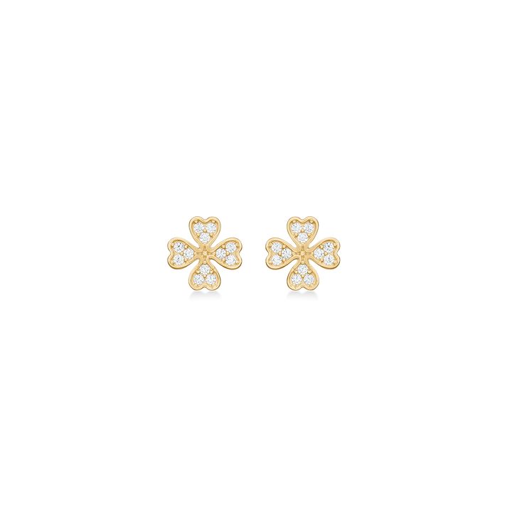 Mads Z Petite Clover gold earrings with zirconia, four-leaf clover design, Model 3317014-1