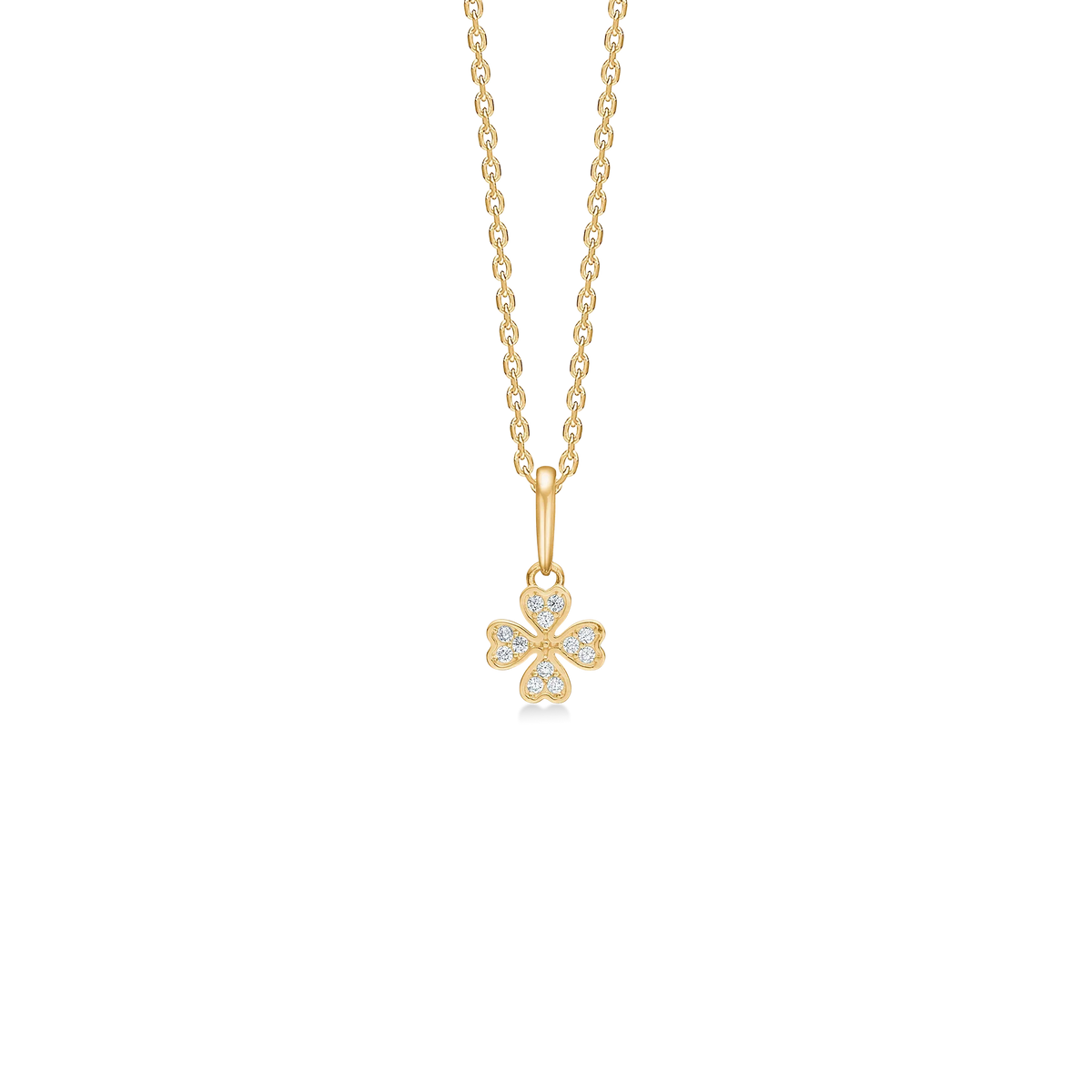 Mads Z Petite Clover pendant in 8kt gold with small clear stones, elegant and feminine. Model 3337014