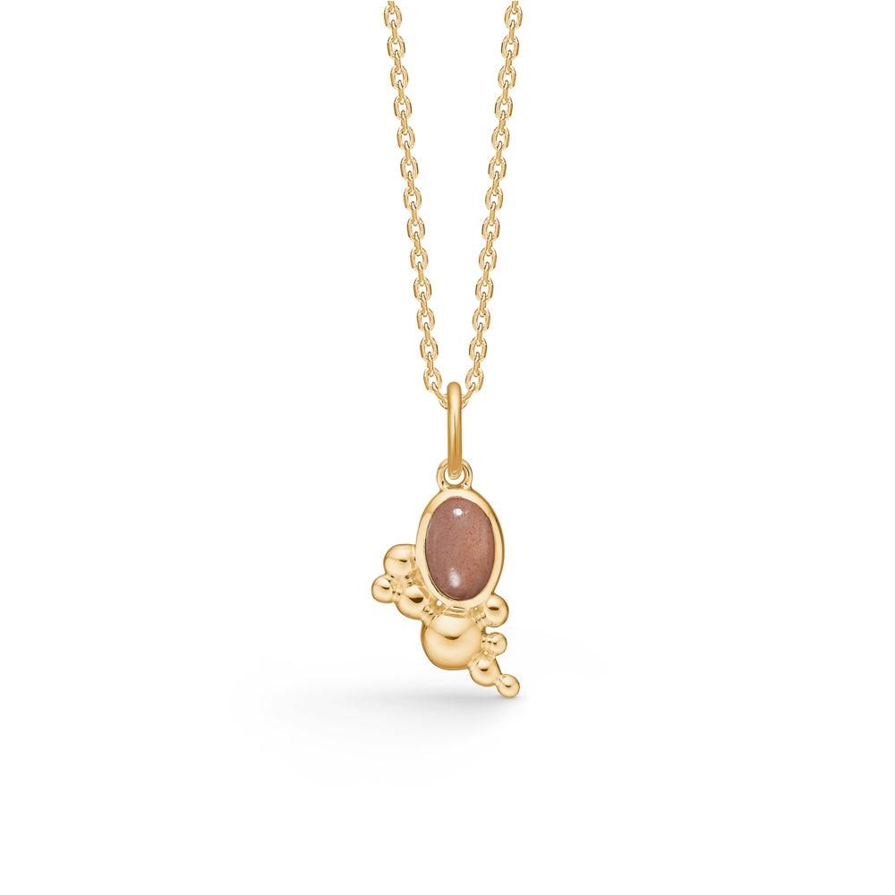 Mads Z Precious Bubbles 14kt gold pendant with peach mane stone, oval design on fine chain. Model 1536126-1