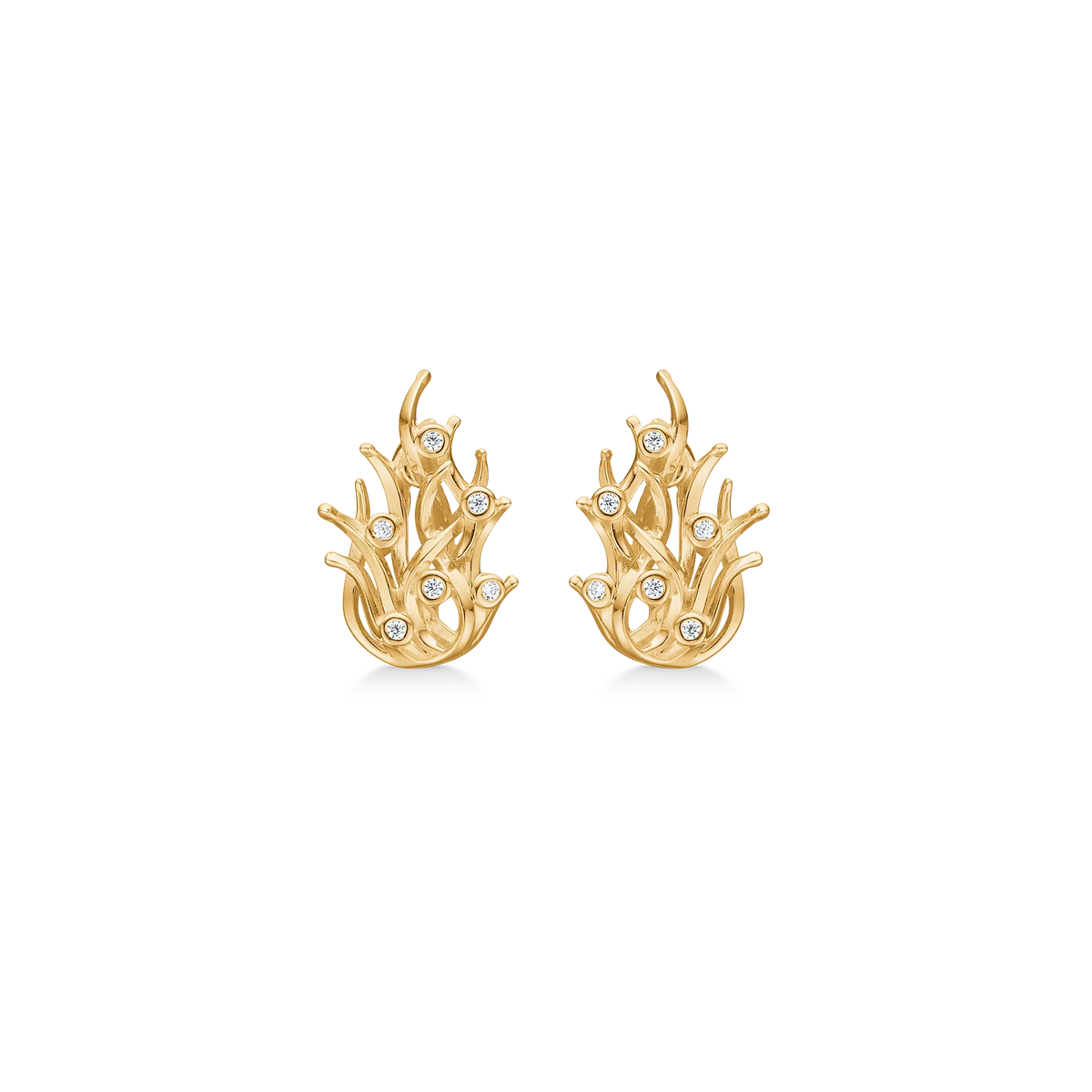 Mads Z Reef earrings in 8kt gold with zirconia, organic design, front view. Model 3317024-1.