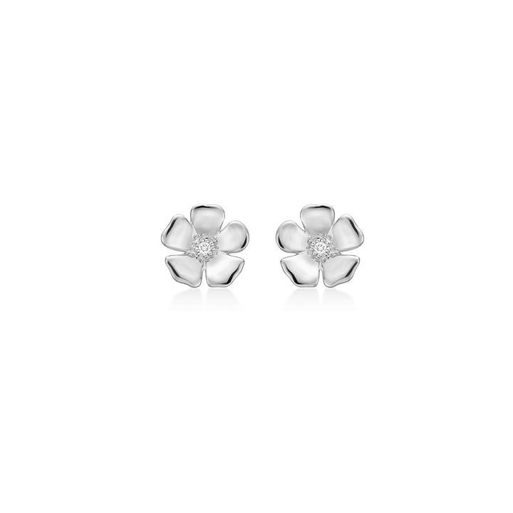 Mads Z silver Fleur earrings with white topaz shows flower-shaped earrings in a shiny silver finish. Model 2116108-1