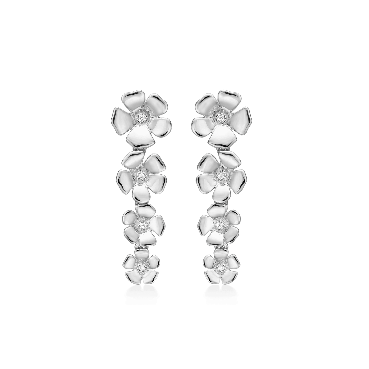 Mads Z silver Fleur silver earrings 30mm with shiny flowers and clear stones, Model 2116110-1