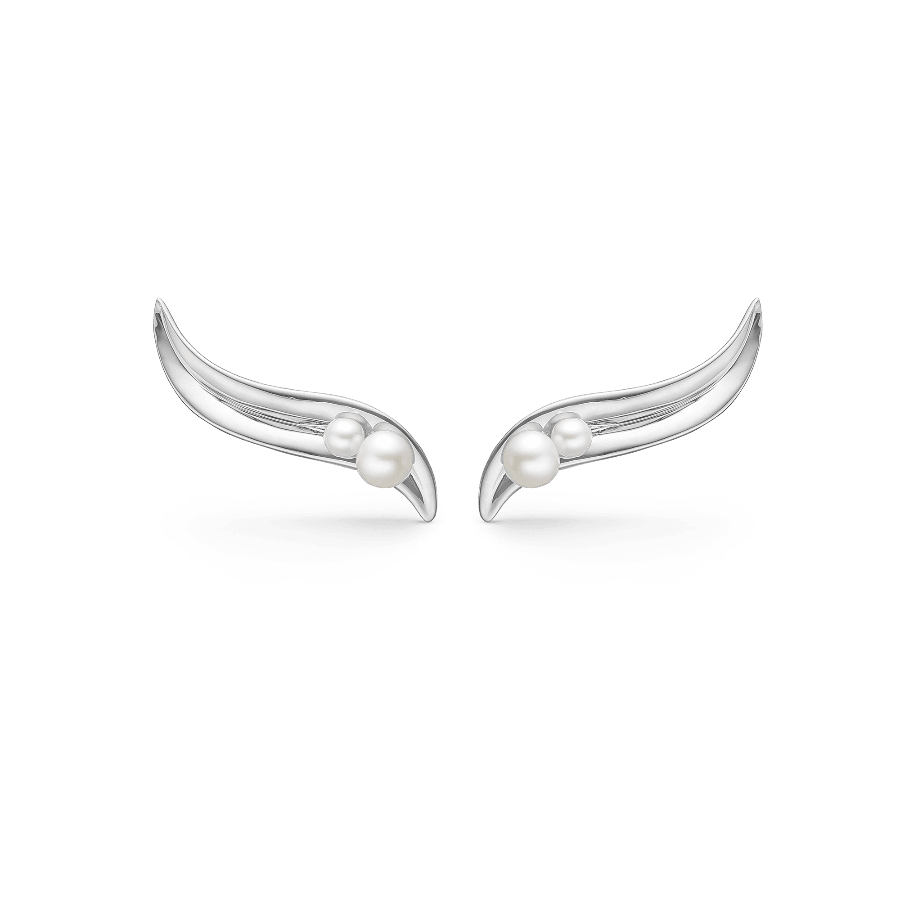 Mads Z Silver Morning Dew Earrings are shown as a pair of curved silver earrings with pearl details, Model 2113087-1.