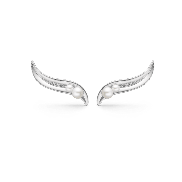 Mads Z Silver Morning Dew Earrings are shown as a pair of curved silver earrings with pearl details, Model 2113087-1.
