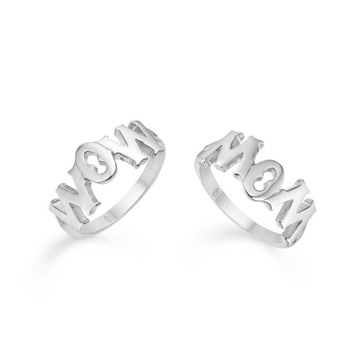 Mads Z Silver WowMom Ring shown from two angles, in shiny silver color with carved text. Model 2140097-001