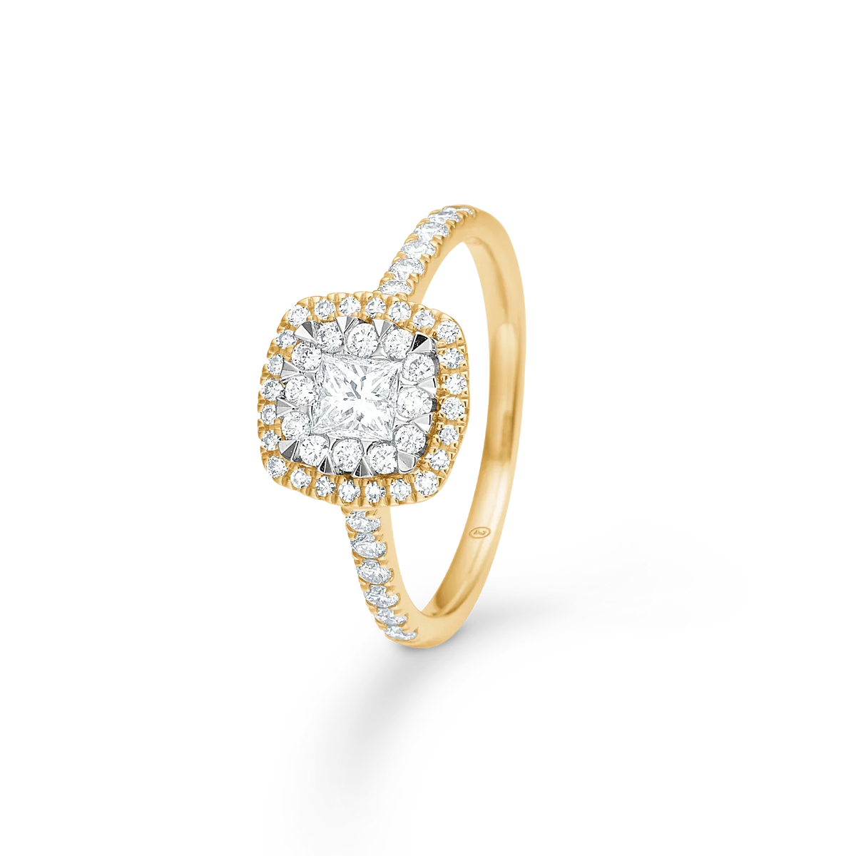 Mads Z Stellaire 14kt Cushion Ring 0.65ct W SI shows an elegant gold ring with square diamond and pavé details. Model 1541045-001