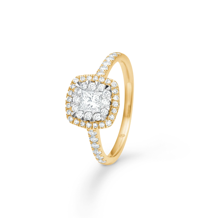 Mads Z Stellaire 14kt Cushion Ring 0.65ct W SI shows an elegant gold ring with square diamond and pavé details. Model 1541045-001