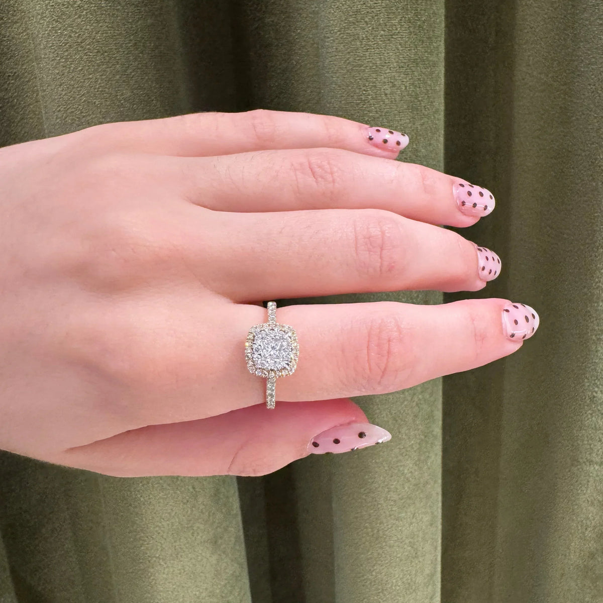 Mads Z Stellaire 14kt Cushion Ring 0.65ct W/SI highlighted on hand, diamond ring in white gold. Model 1541045-001