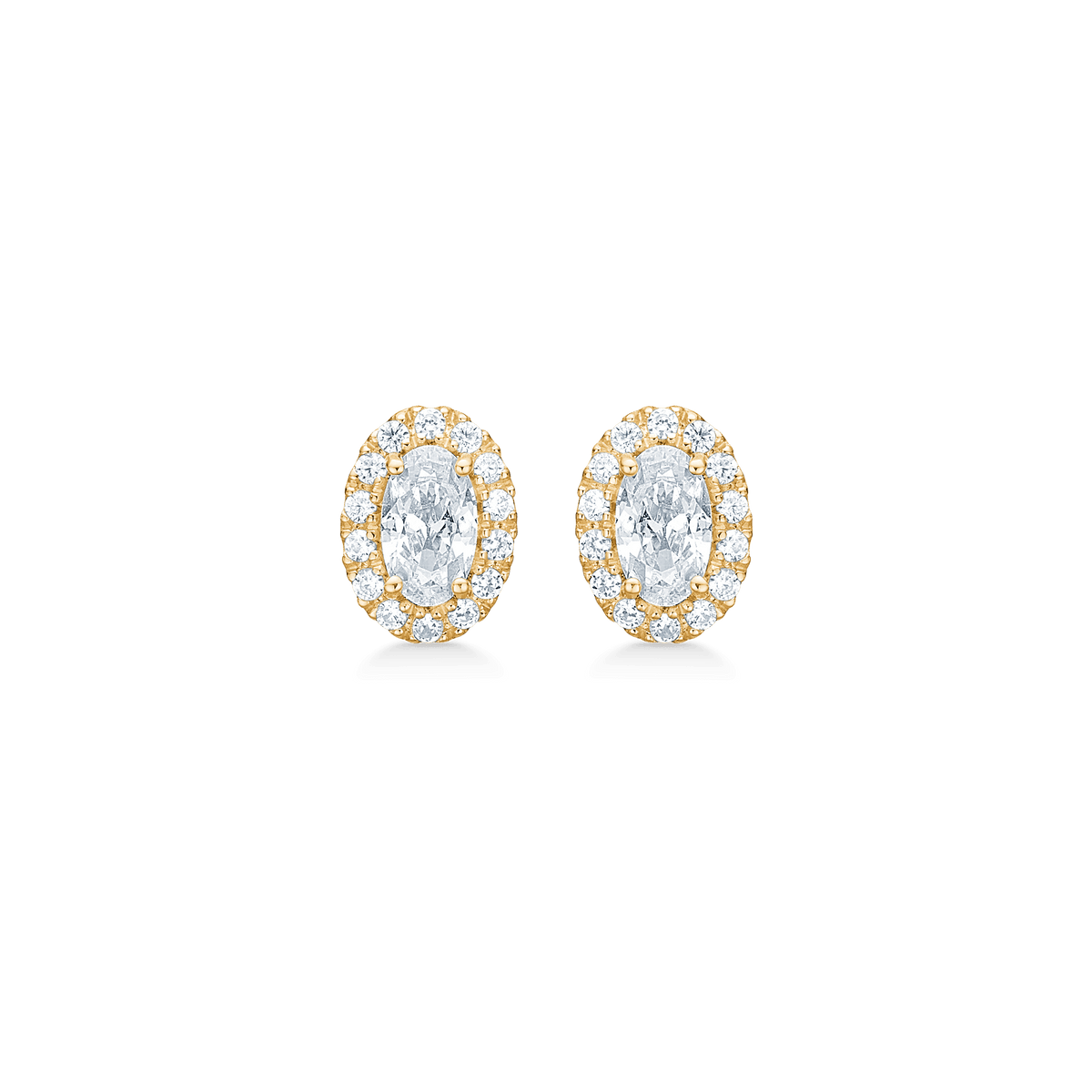 Mads Z Stellar 8kt gold studs shown as a set of oval studs with clear stones, Model 3317001-1.