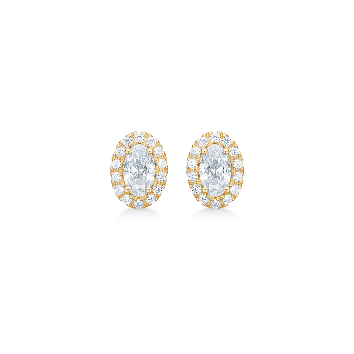 Mads Z Stellar 8kt gold studs shown as a set of oval studs with clear stones, Model 3317001-1.
