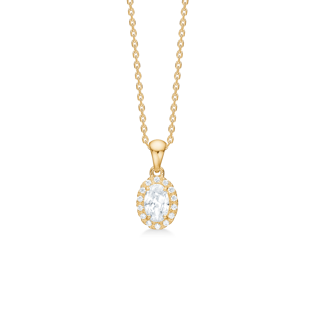 Mads Z Stellar 8kt gold pendant with zirconia, oval design with clear stones. Model 3337001-1
