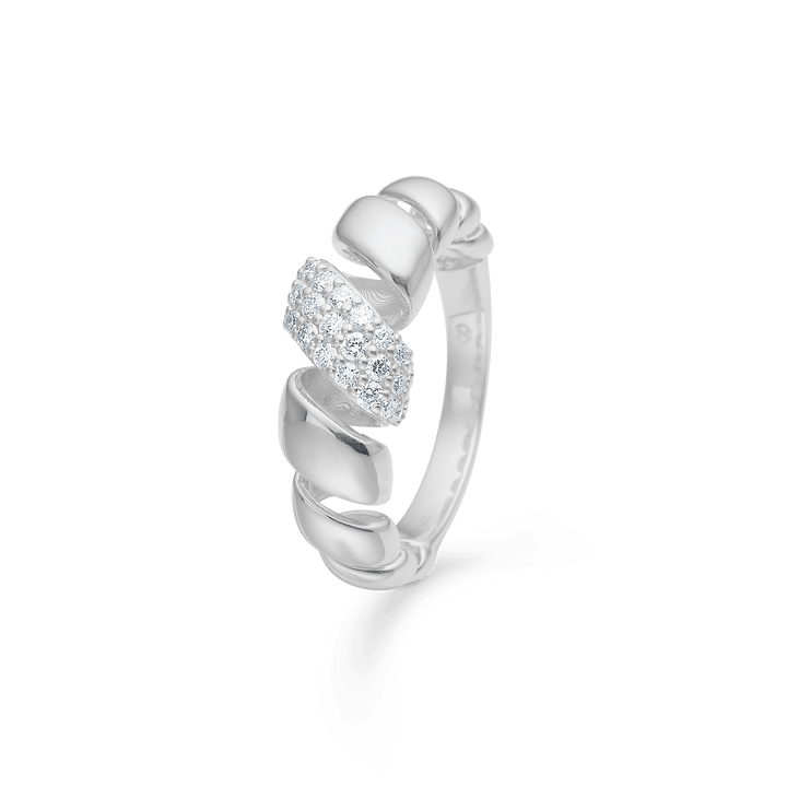 Mads Z Swirl silver ring with white topaz, elegant wavy design and glossy surface. Model 2146159-001-1