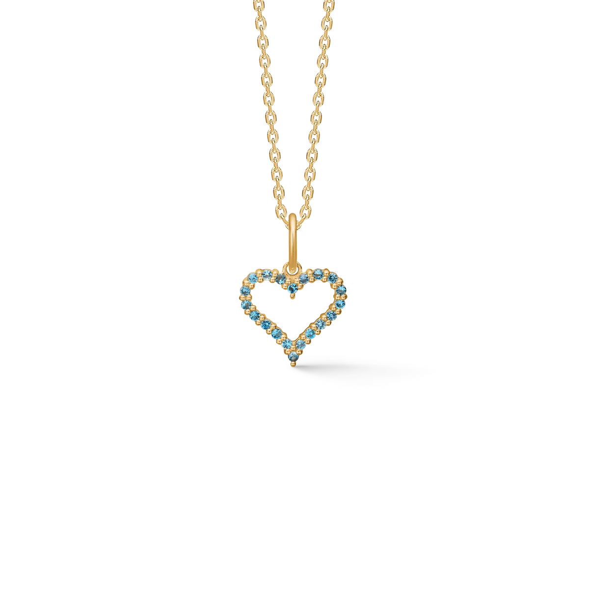 Mads Z Tender Heart gold pendant with blue topazes, heart-shaped and elegant on a chain. Model 1536311-1.