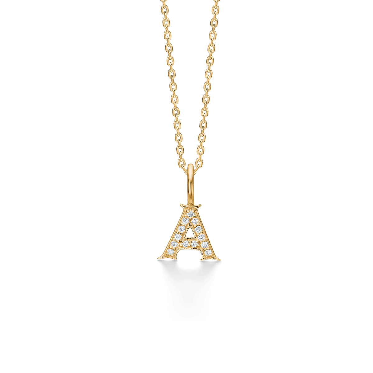 Mads Z Tender Love Letter 14kt gold pendant with diamonds, elegant A-shaped pendant on chain. Model 1531100-001