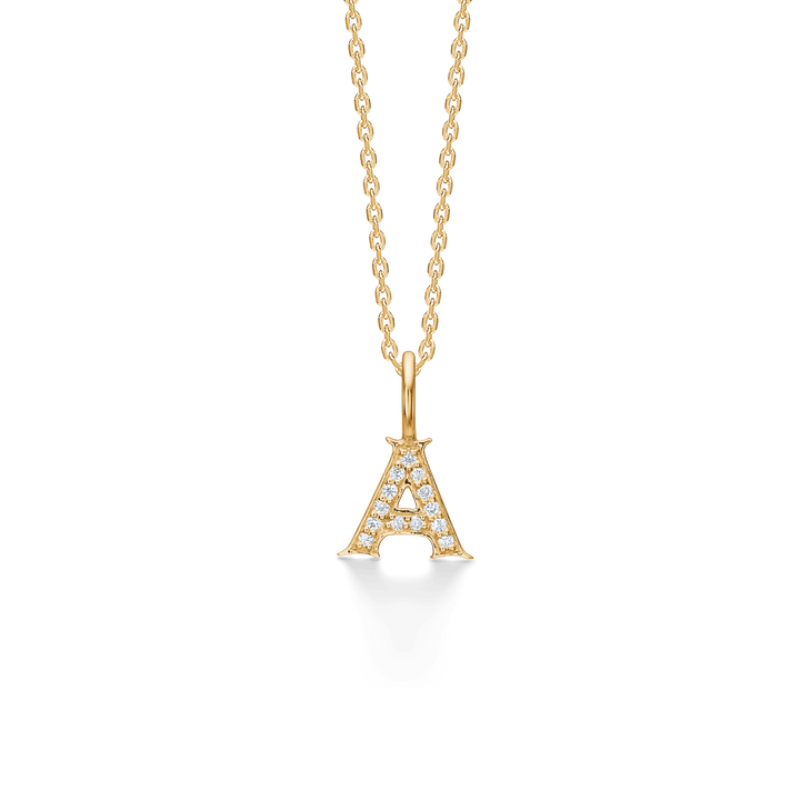 Mads Z Tender Love Letter 14kt gold pendant with diamonds, elegant A-shaped pendant on chain. Model 1531100-001