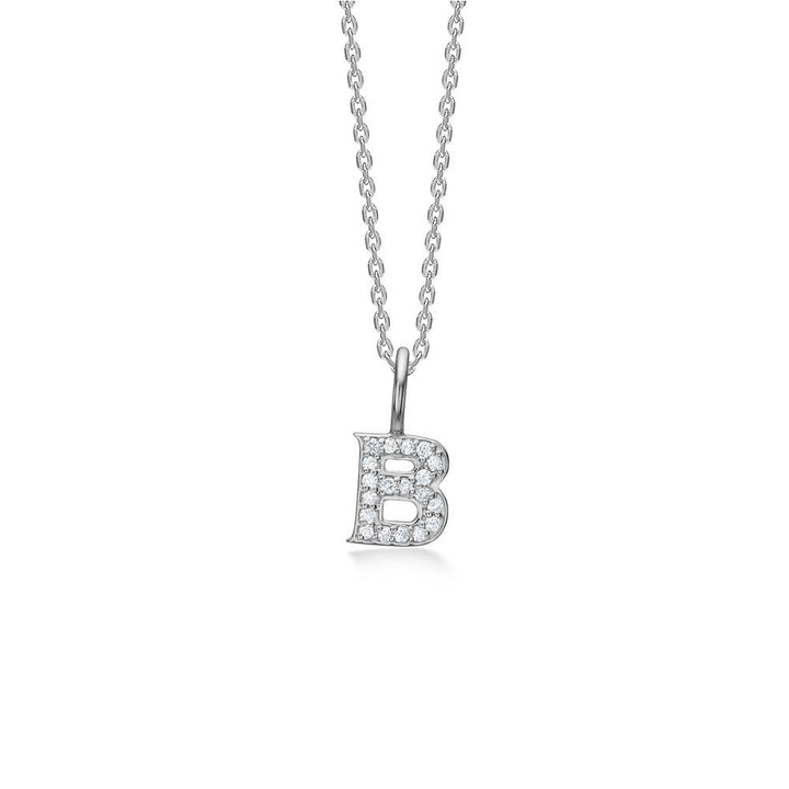 Mads Z Tender Love necklace with letter pendant in silver and zirconia, shows the letter B. Model 2126100-002-2