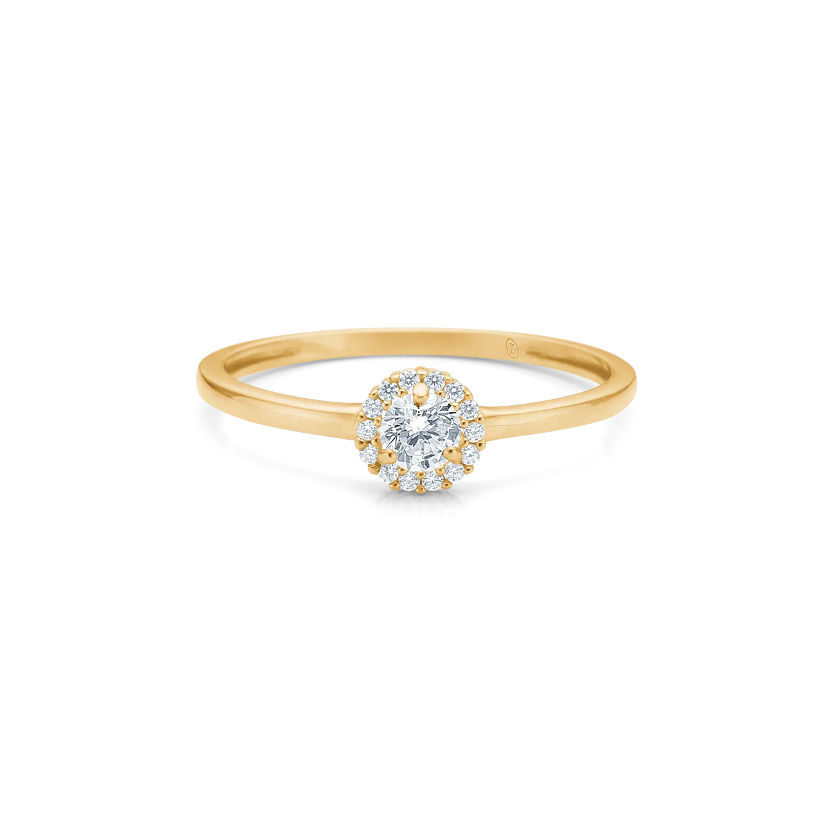 Mads Z Vega 8kt gold ring with zirconia shown from the front, slim gold ring with round center stone and halo of clear stones. Model 3347060-001