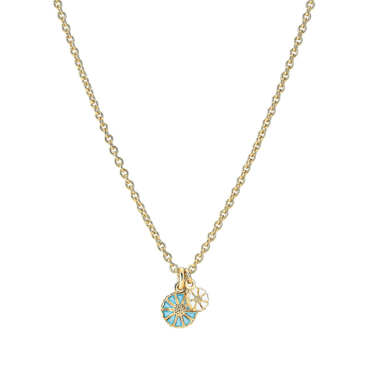 Daisy necklace white and light blue with two flower pendants on a gold chain, Model 9025097-lb-1