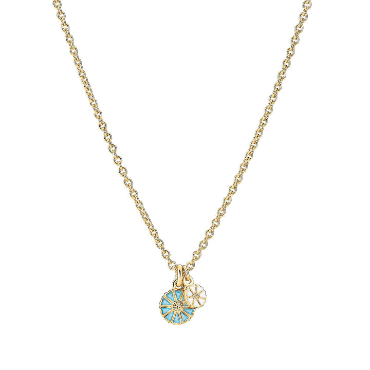 Daisy necklace white and light blue with two flower pendants on a gold chain, Model 9025097-lb-1
