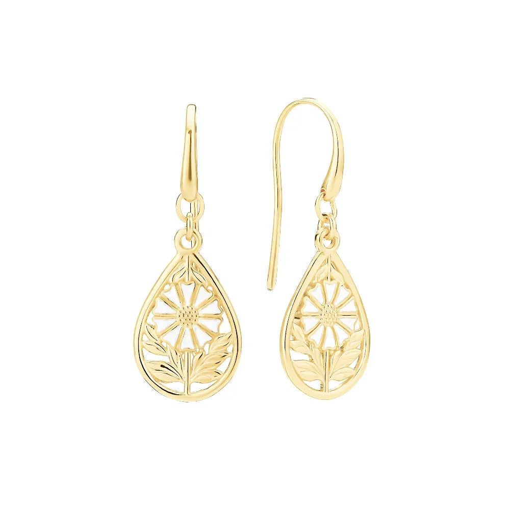 Daisy Drop Earrings 5mm 24kt gold-plated silver, drop-shaped earrings with daisy flower and fine cutouts. Model 9095102-2-m-1