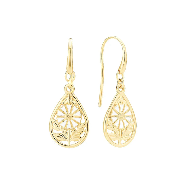 Daisy Drop Earrings 5mm 24kt gold-plated silver, drop-shaped earrings with daisy flower and fine cutouts. Model 9095102-2-m-1
