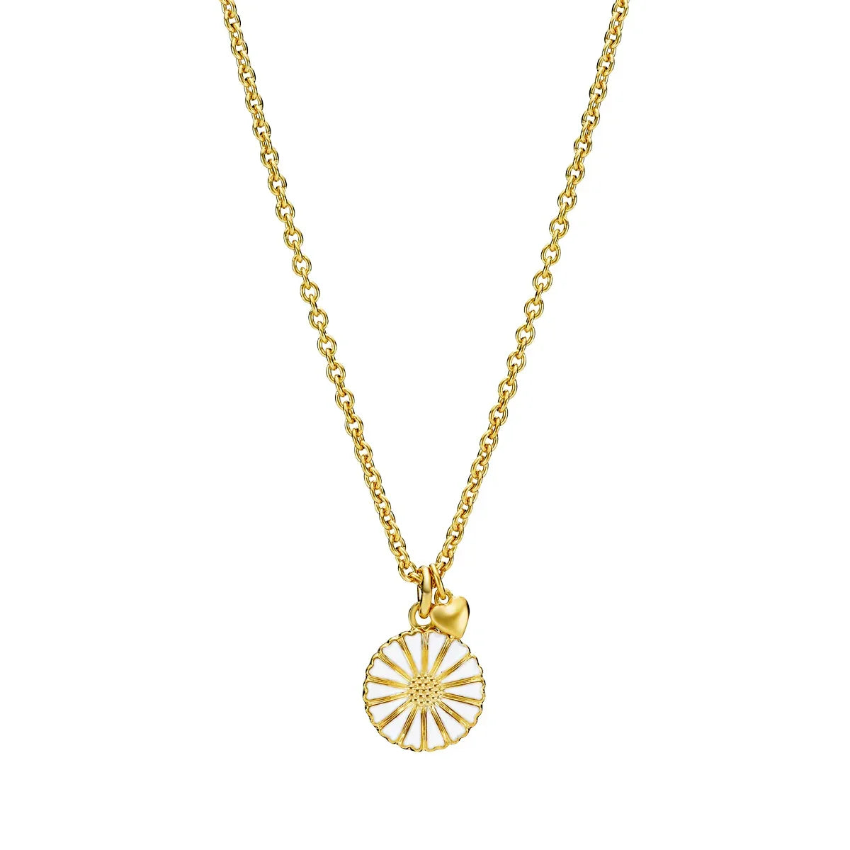 Daisy necklace with heart pendant, gold-coloured chain with daisy and heart pendant. Model 9025029-M-1.