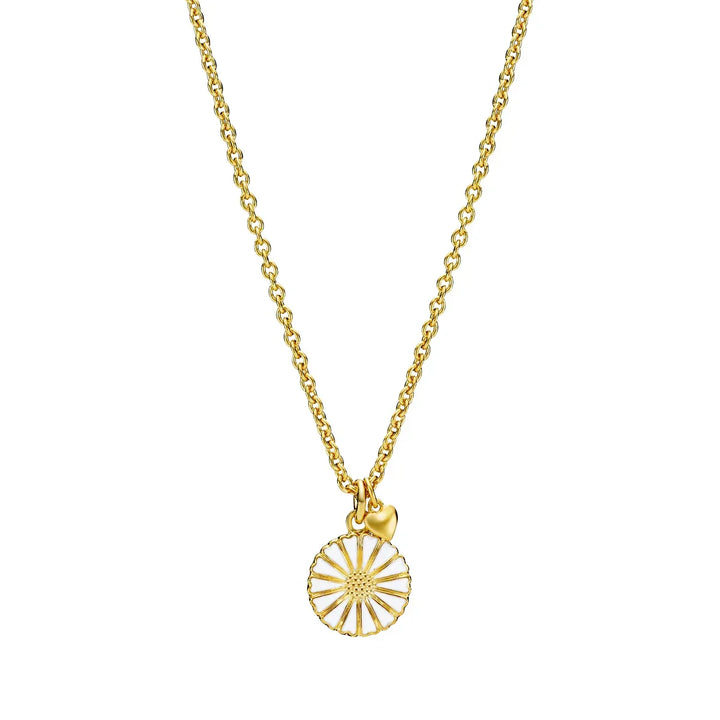 Daisy necklace with heart pendant, gold-coloured chain with daisy and heart pendant. Model 9025029-M-1.