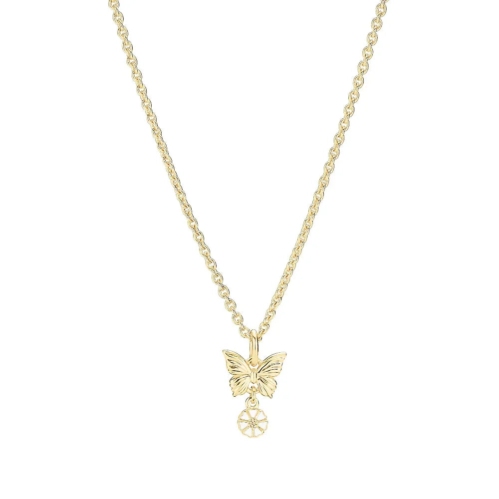 Daisy necklace with butterfly in gold plated metal, elegant design on chain. Model 9025101-M
