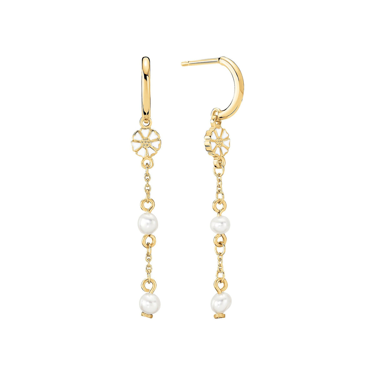 Daisy Earrings with Freshwater Pearls shows a pair of elegant gold-plated earrings with daisy details and white pearls, Model 9095093-6-33-m-1.