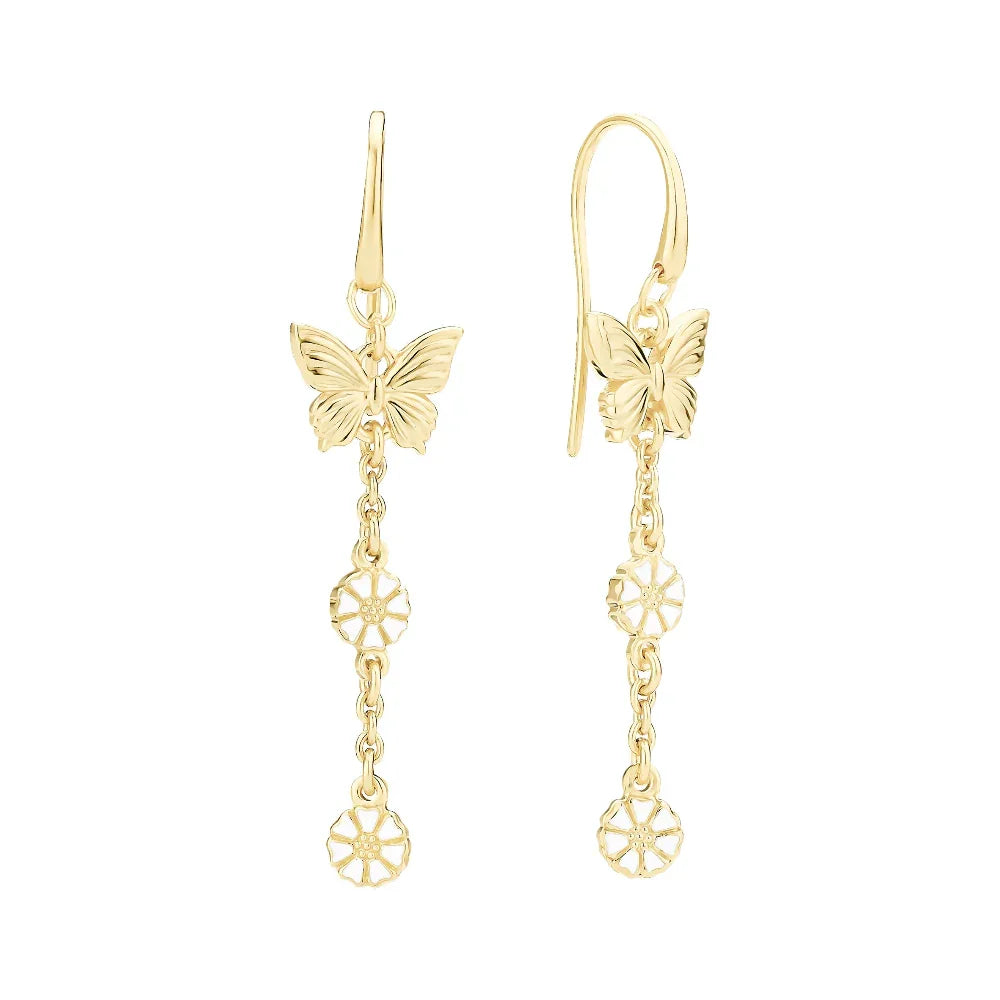 Daisy butterfly earrings in gold plated silver, elegant design with daisies and butterfly. Model 9095101-2-m-1