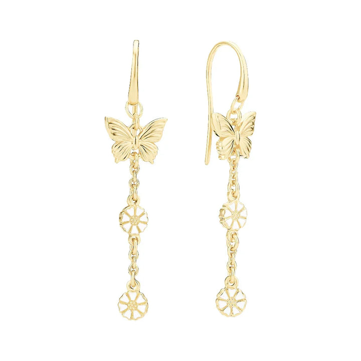 Daisy butterfly earrings in gold plated silver, elegant design with daisies and butterfly. Model 9095101-2-m-1