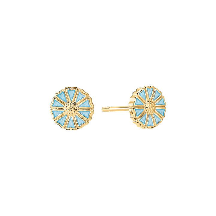 Daisy earrings 7.5mm light blue shows front and side of small gold-plated daisy earrings with light blue enamel. Model 9095097-4-lb-1
