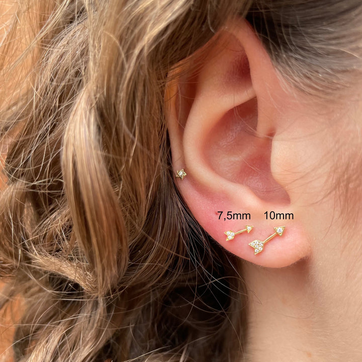 Maria Tash 10mm Diamond Arrow Threaded Stud shown mounted in earlobe, gold with diamonds, Model xar10d-001-2.