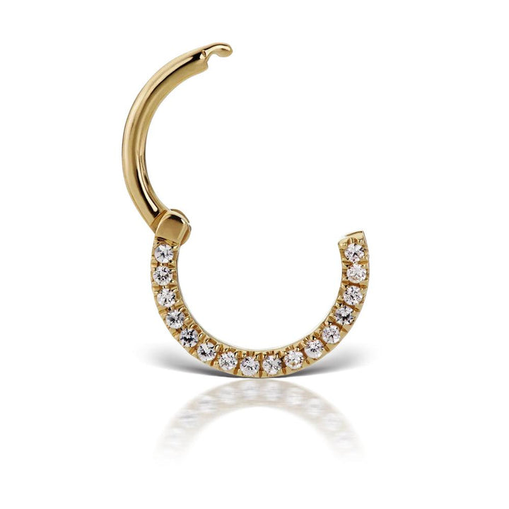 Maria Tash 18kt Diamond Horizontal Eternity Hoop in gold-colored metal with round diamonds. Model xethd-yg-d65-g16-001-2.