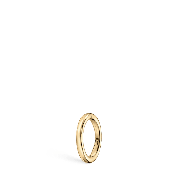 Maria Tash 5mm plain gold hoop in shiny gold, simple model shown against plain background. Model xr-yg-d5-g18-1