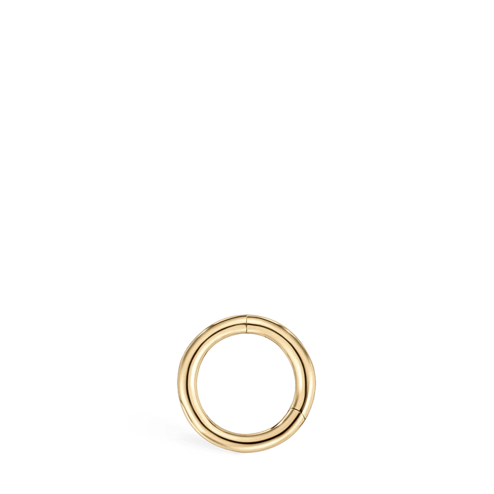 Maria Tash 5mm Plain Gold Hoop is shown as a simple, round earring in plain gold. Model xr-yg-d5-g18-2