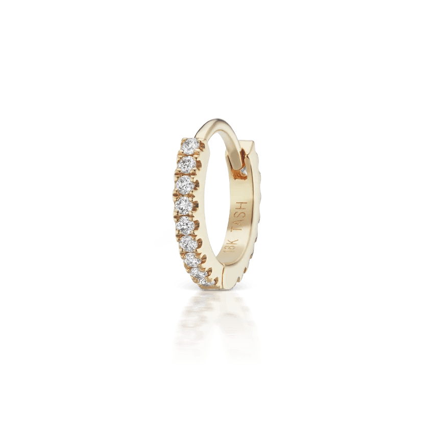 Maria Tash Diamond Eternity Hoop 8mm 18kt presented as a single golden earring with clear diamonds. Model xetd-yg-d8-1.
