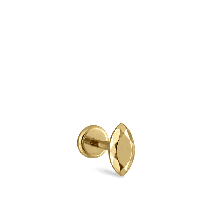 Maria Tash Faceted Gold Marquise Threaded Stud Earring shows a gold-colored faceted stud on a neutral background. Model xmqfc-yg-w55-001-1