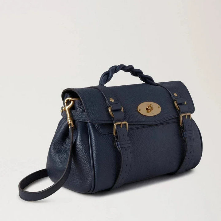 Mulberry Alexa Heavy Grain Night Sky shows bag in dark blue leather with braided handle and gold buckles. Model HH6746/736U888