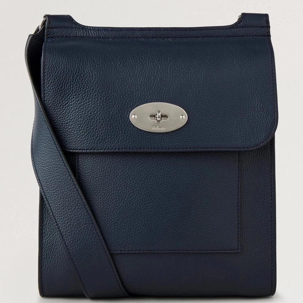 Mulberry Antony Small Classic Grain Night Sky shows dark blue leather bag with flap and silver buckle. Model HH9364205U888