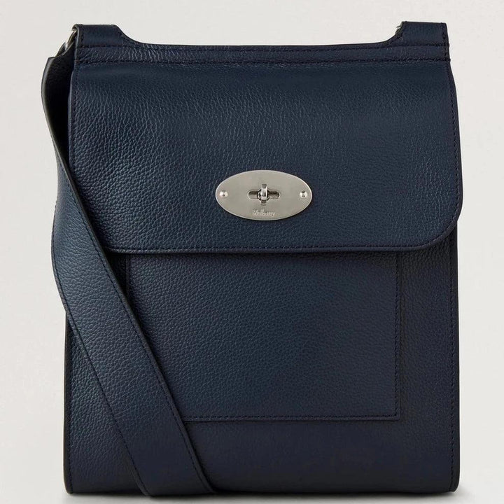 Mulberry Antony Small Classic Grain Night Sky shows dark blue leather bag with flap and silver buckle. Model HH9364205U888
