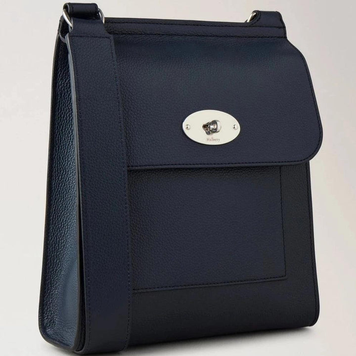Mulberry Antony Small Classic Grain Night Sky shoulder bag in dark blue leather with silver buckle, Model HH9364205U888