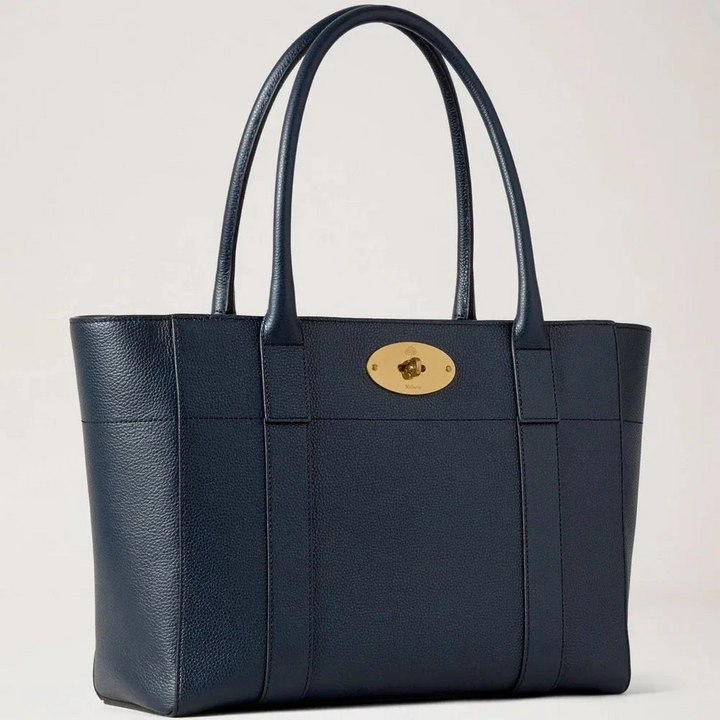 Mulberry Bayswater 9 To 5 Small Classic Grain Night Sky handbag in dark blue leather with gold clasp, Model HH9831/205U888.