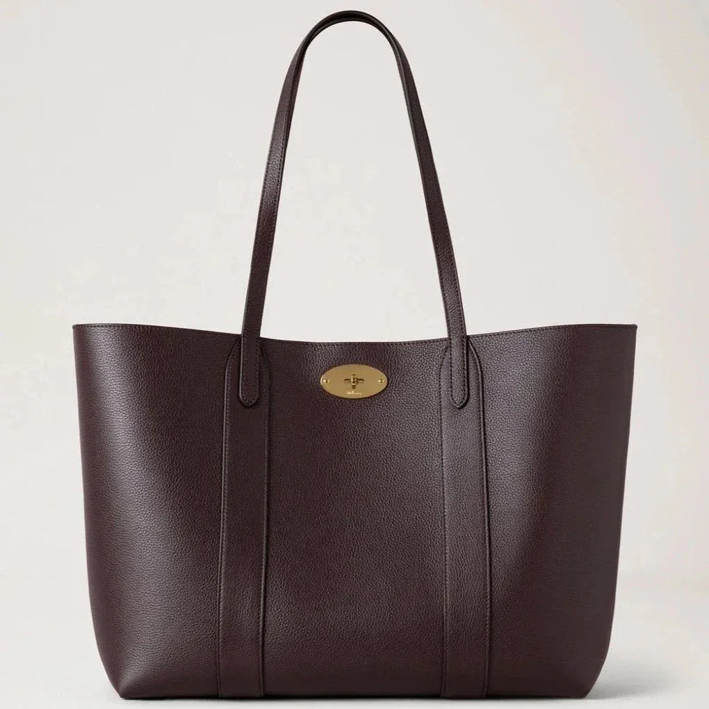 Mulberry Bayswater Tote Ebony Small Classic Grain, elegant brown leather bag with gold buckle. Model HH5727205A110
