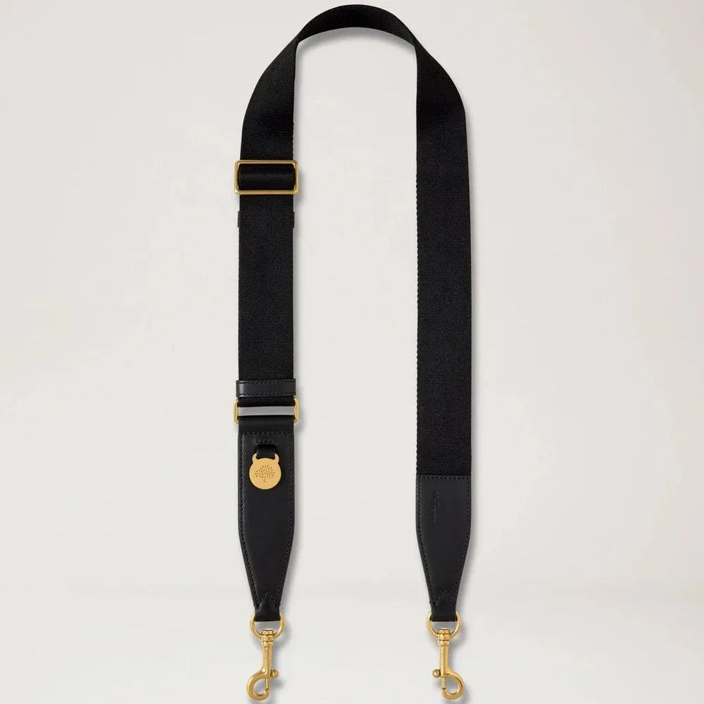 Mulberry Black Medallion Flat Leather and Webbing Strap in black leather and fabric with gold-colored details. Model RX0310000A100